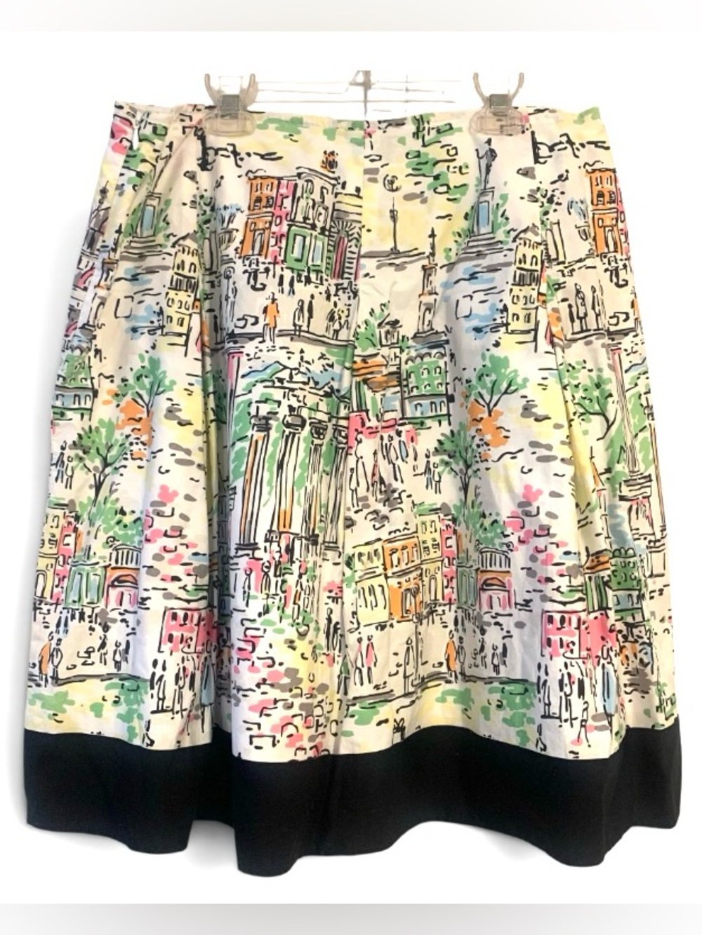 Talbots Pleated Cotton Skirt City Scene Print Black Border Lined Petite Size 12P